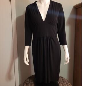 London Times Black Faux Wrap Midi Dress Long Sleeve V Neck Cocktail Work sz 14